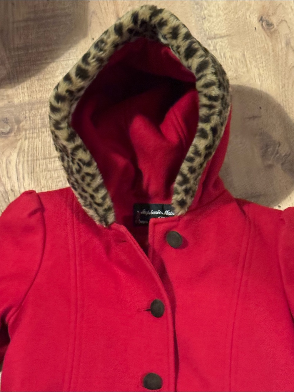 Stephanie Matthews Vintage Kids Red Wool Coat Girls 5 Leopard Trim - Picture 5 of 8